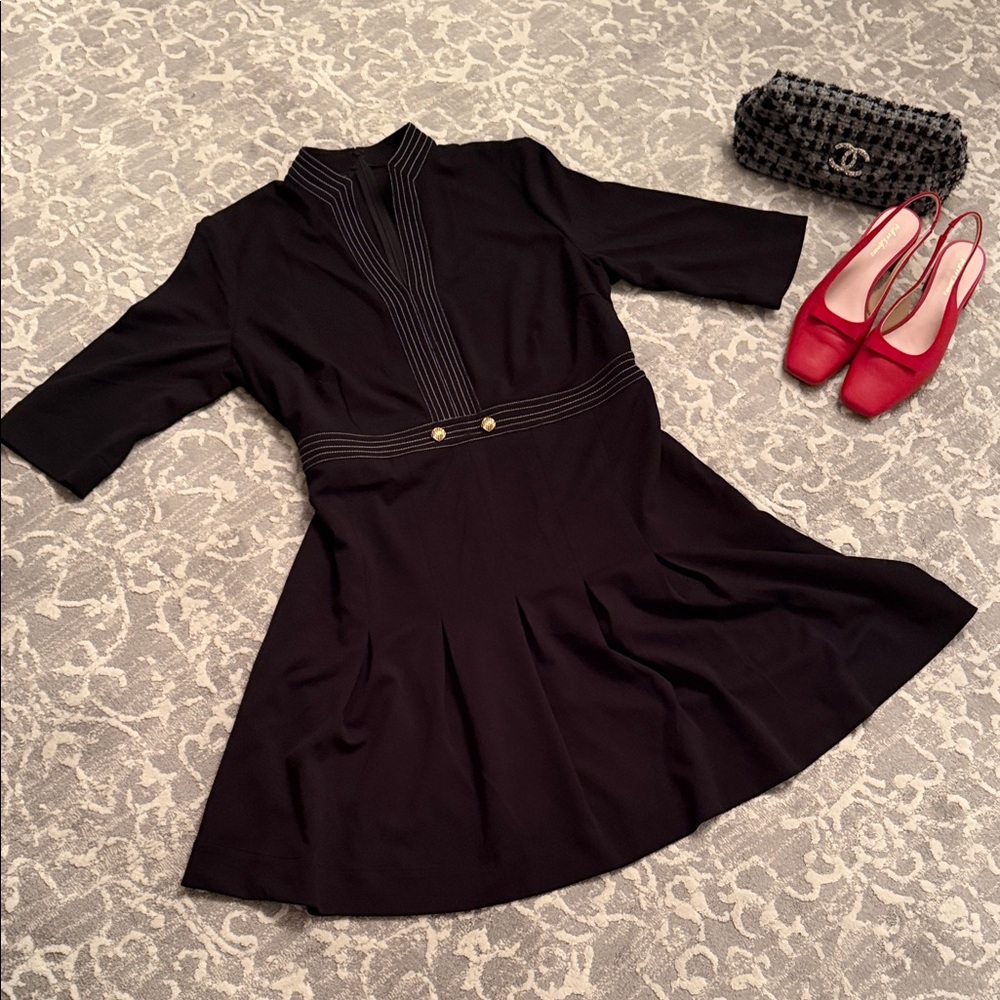 Ming Wang Black Short-Sleeve Fit-and-Flare Dress with Gold Accent Buttons